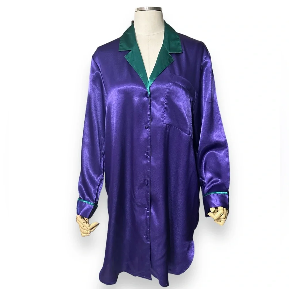 VICTORIA’S SECRET Green & Purple Gold Label Oversized Satin Button Down …